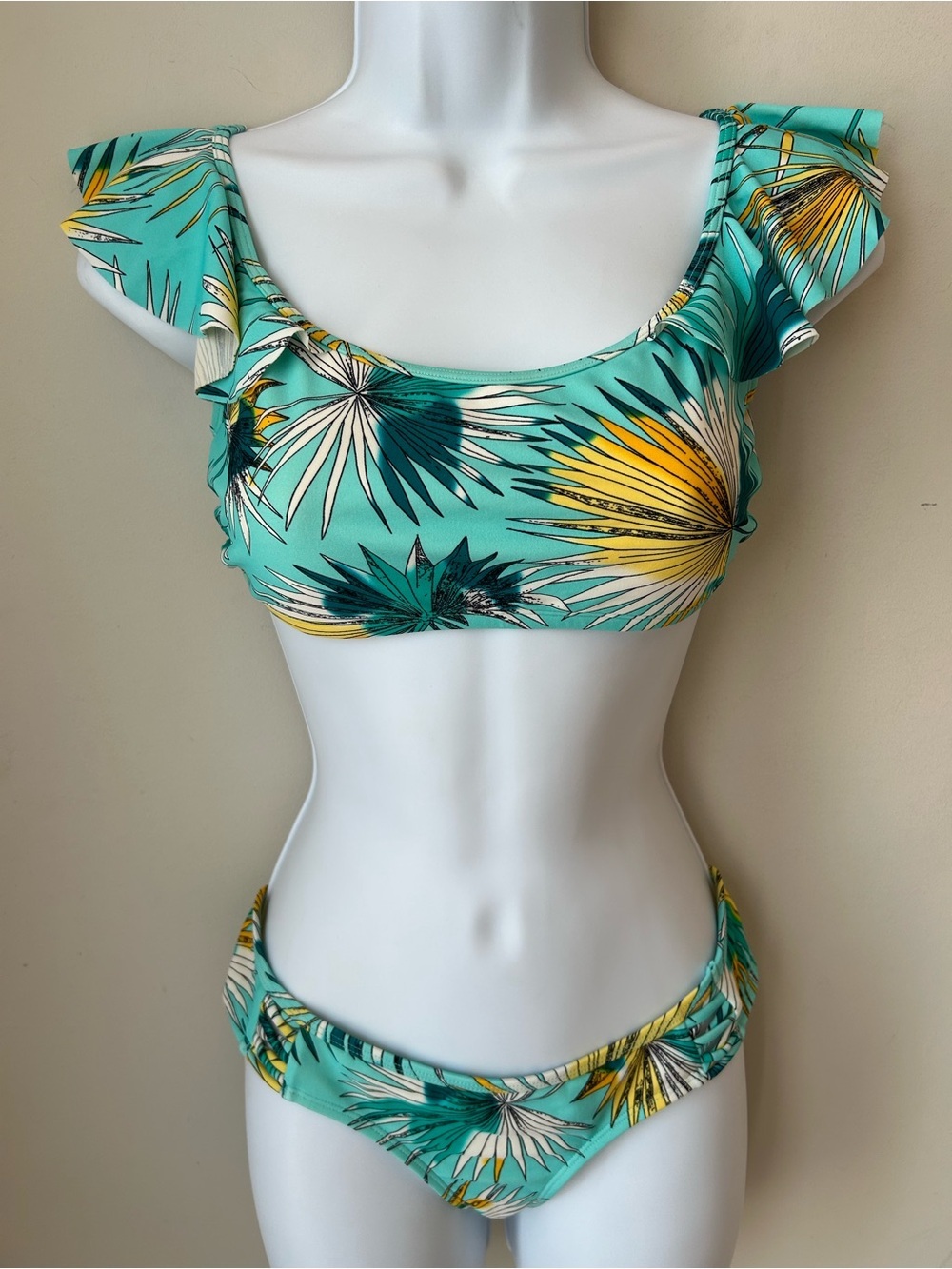Eidon Tropical Floral Flutter Sleeve Bikini Set Aqua Turquoise Retro S